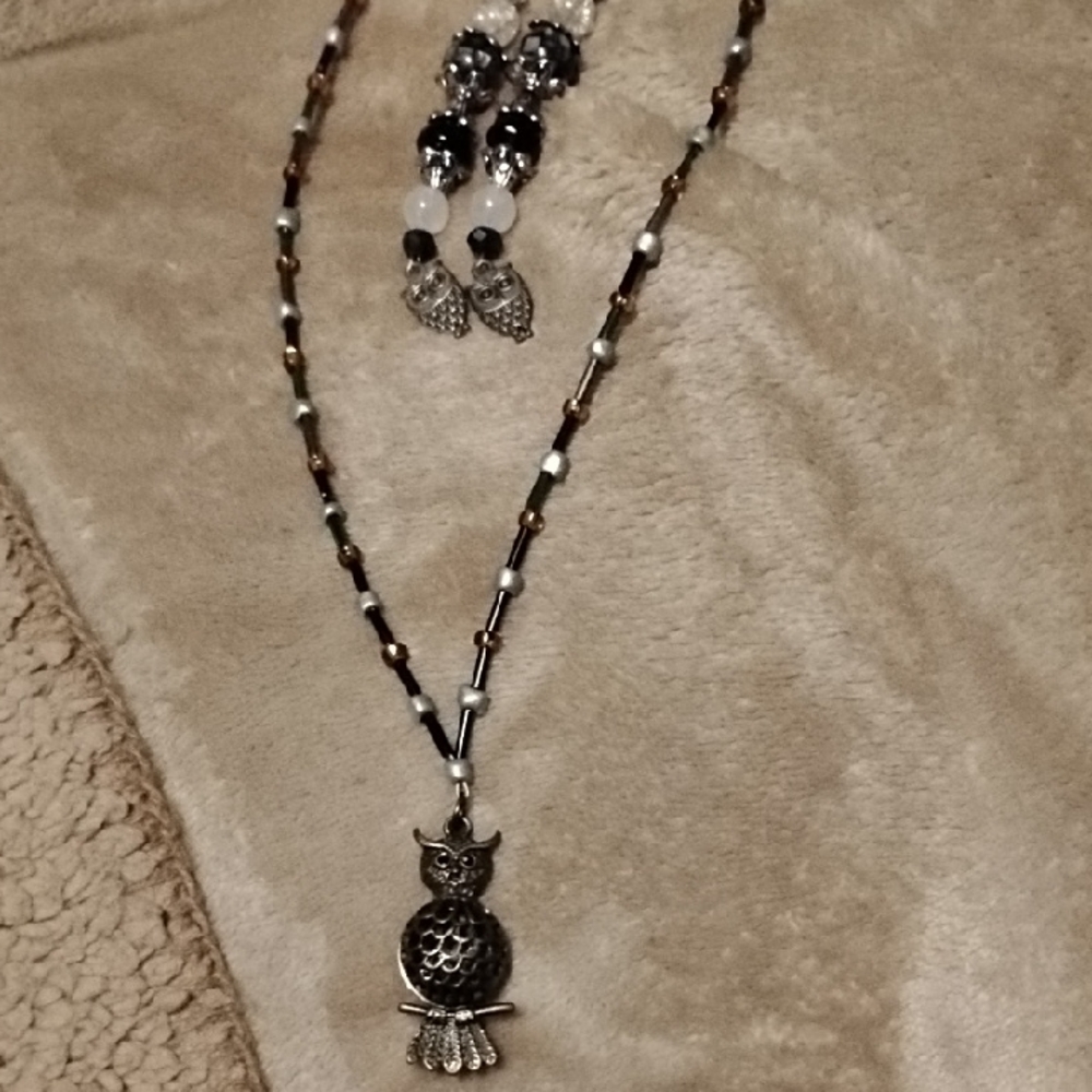 Hand Crafted Owl Pendant Necklace with Silver and Brown Accents And Earrings